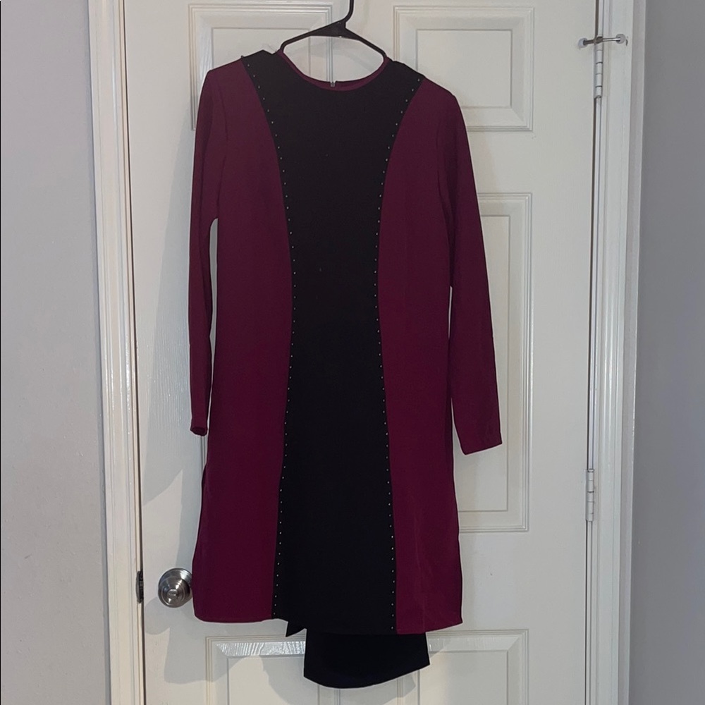 Black and Burgundy Top with Black Pants